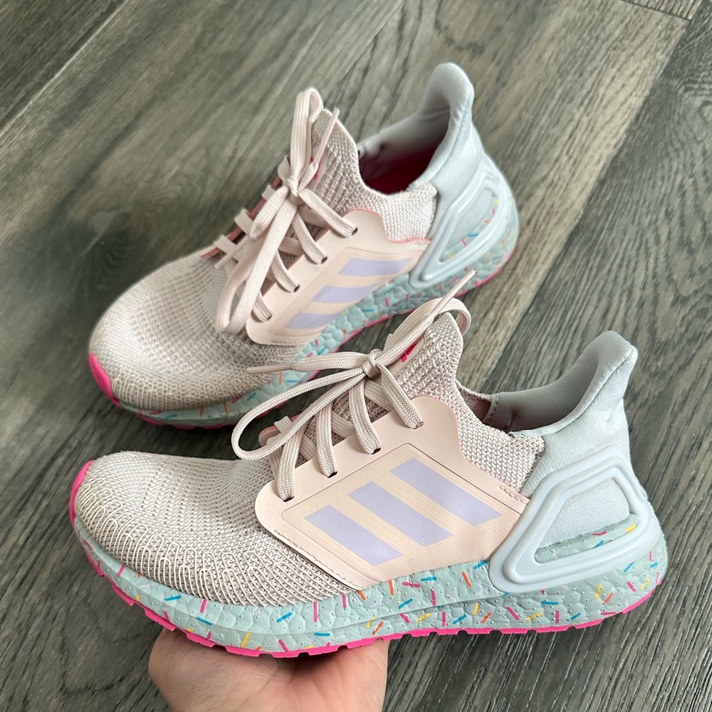 Big Girl Adidas Ultraboost pink with sprinkle design, Size 4